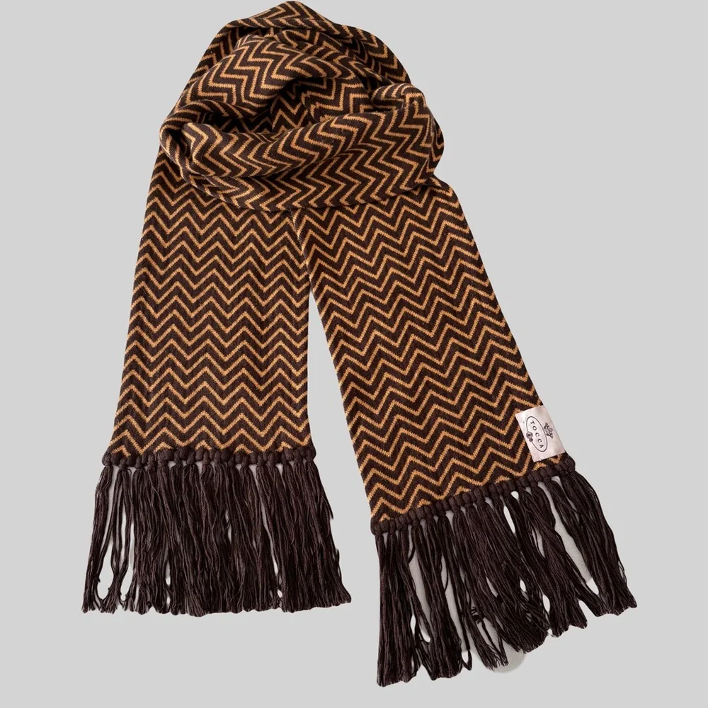 1990s TOCCA Cashmere Knit Scarf Brown‎ / Gold Chevron Fringe Trim Unisex